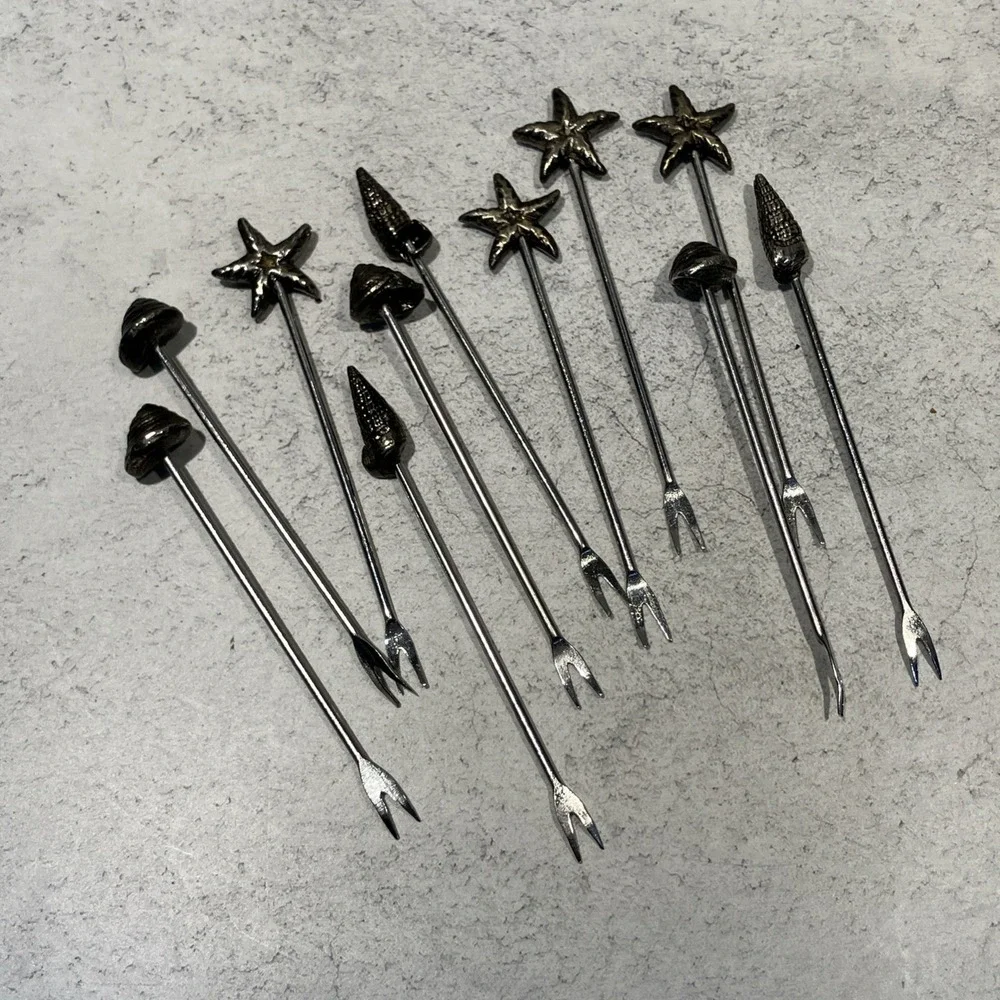 Pier 1 Silver Tone Seashells Cheese Hors D'oeuvre Appetizer Forks Picks Holder